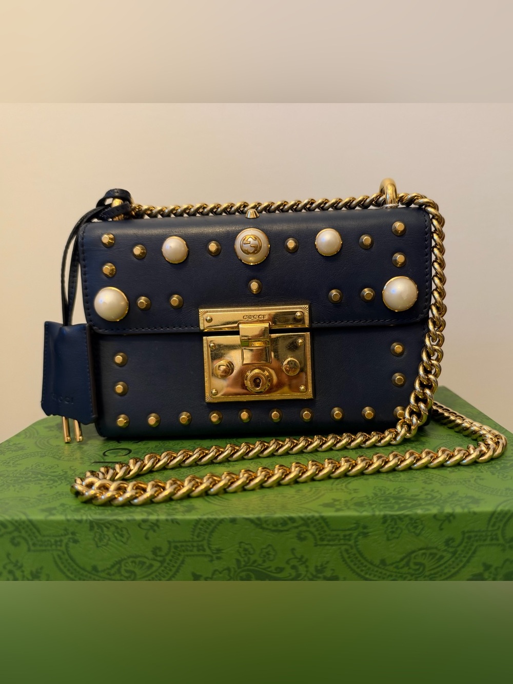 Gucci Navy Leather Chain Crossbody with Gold Studs and Pearl Accents